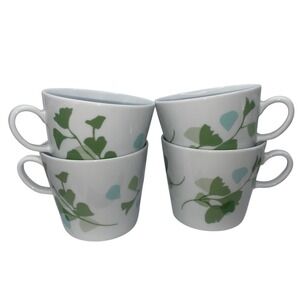 IKEA 21986 Coffee Mugs Set of 4 White Green Blue Botanical Leaf Pattern Thailand